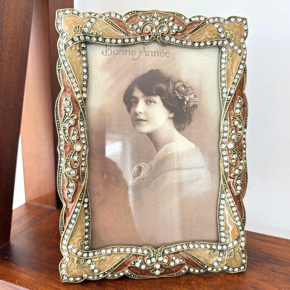 Vintage Style Ornate Art Nouveau Enamel Rhinestone 4x6 Picture Frame Bronze